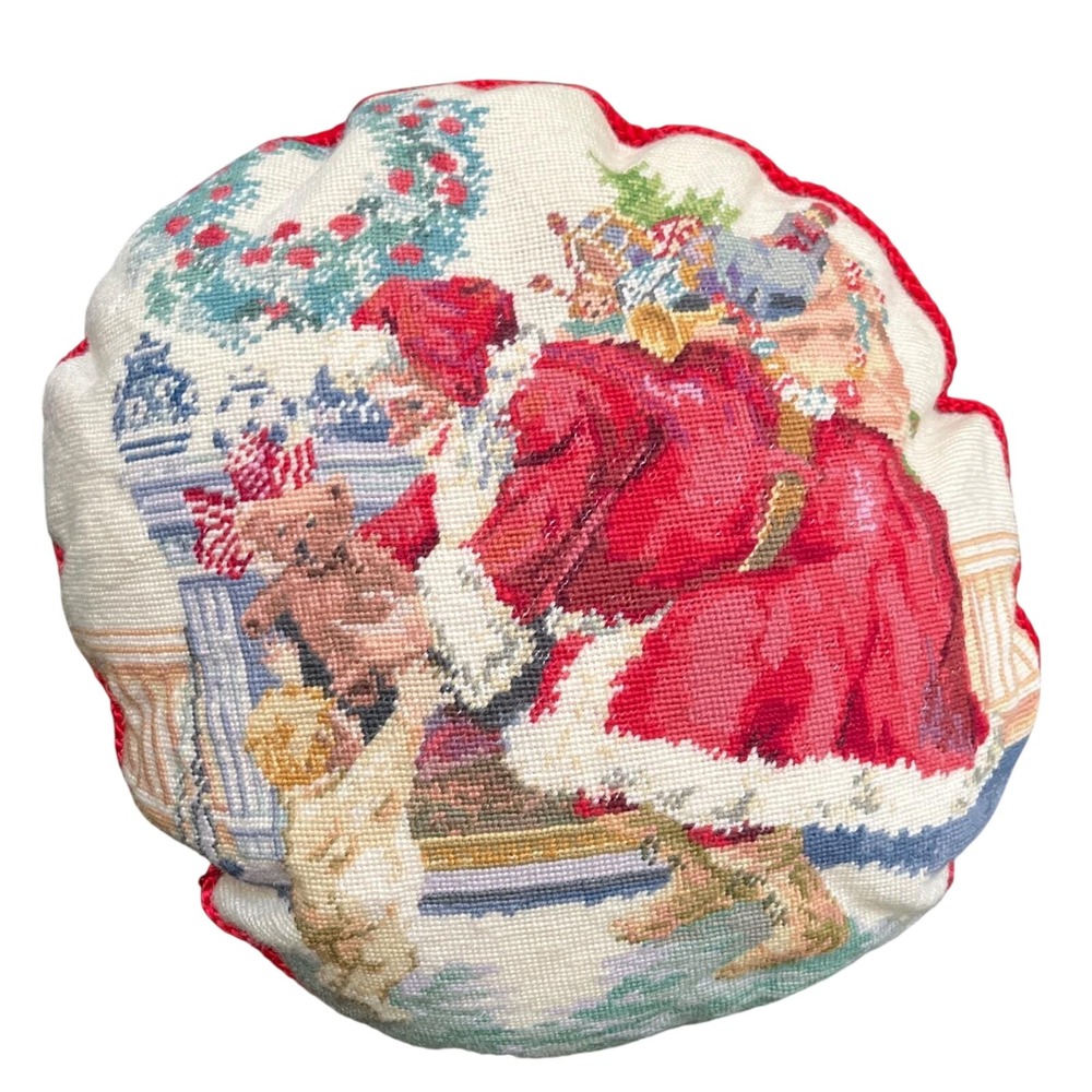 Vtg 1991 Peking Handicraft Santa Needlepoint Pillow Wool Embroidery Christmas